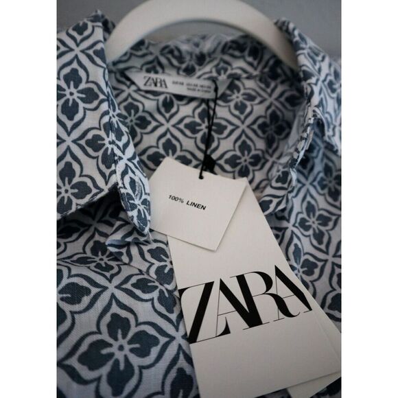 Zara Women Sz XS White/Gray Floral Allover Print Button-Up Long Linen Shirt - Picture 3 of 9